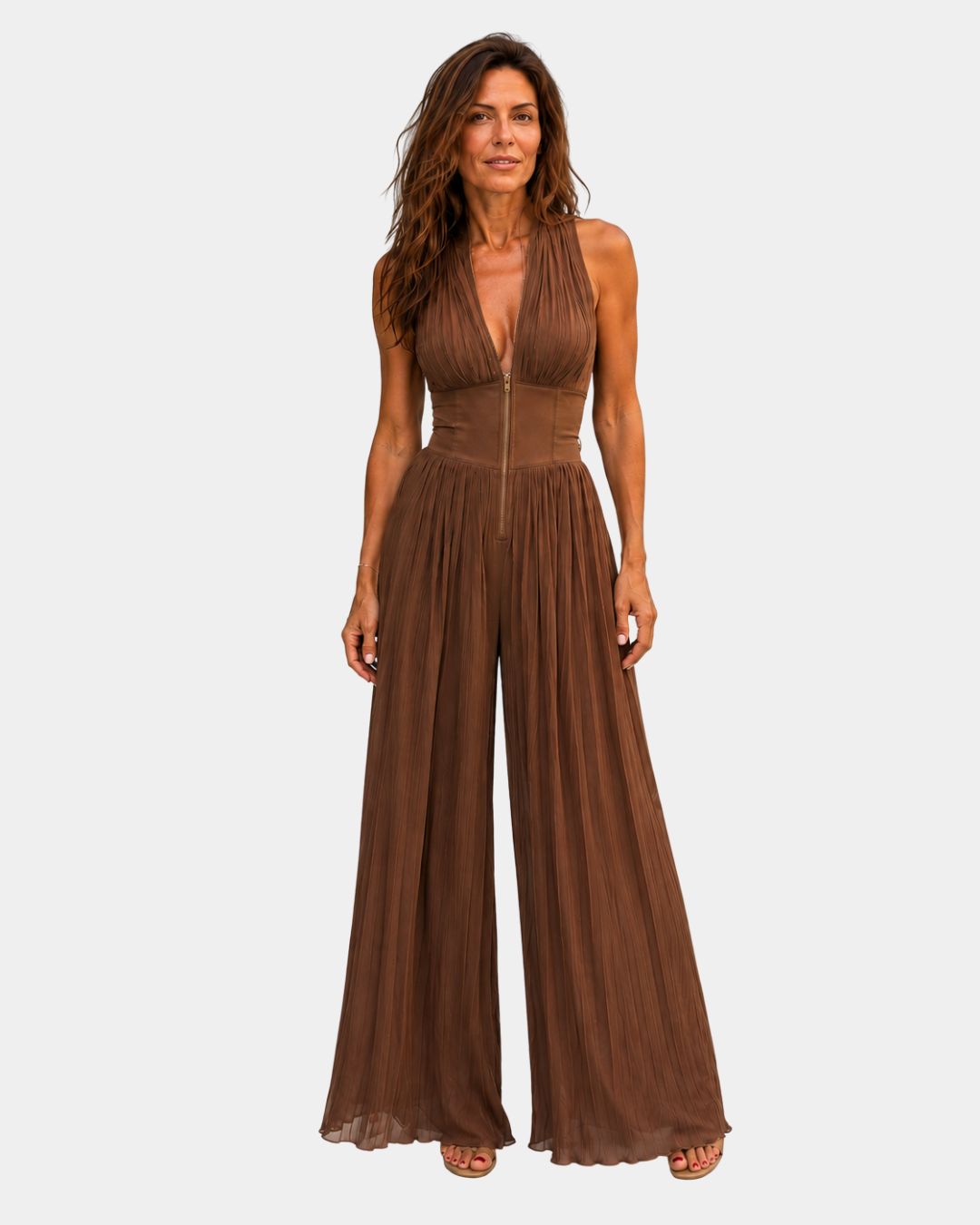 Héluise | Brown chiffon pleated jumpsuit
