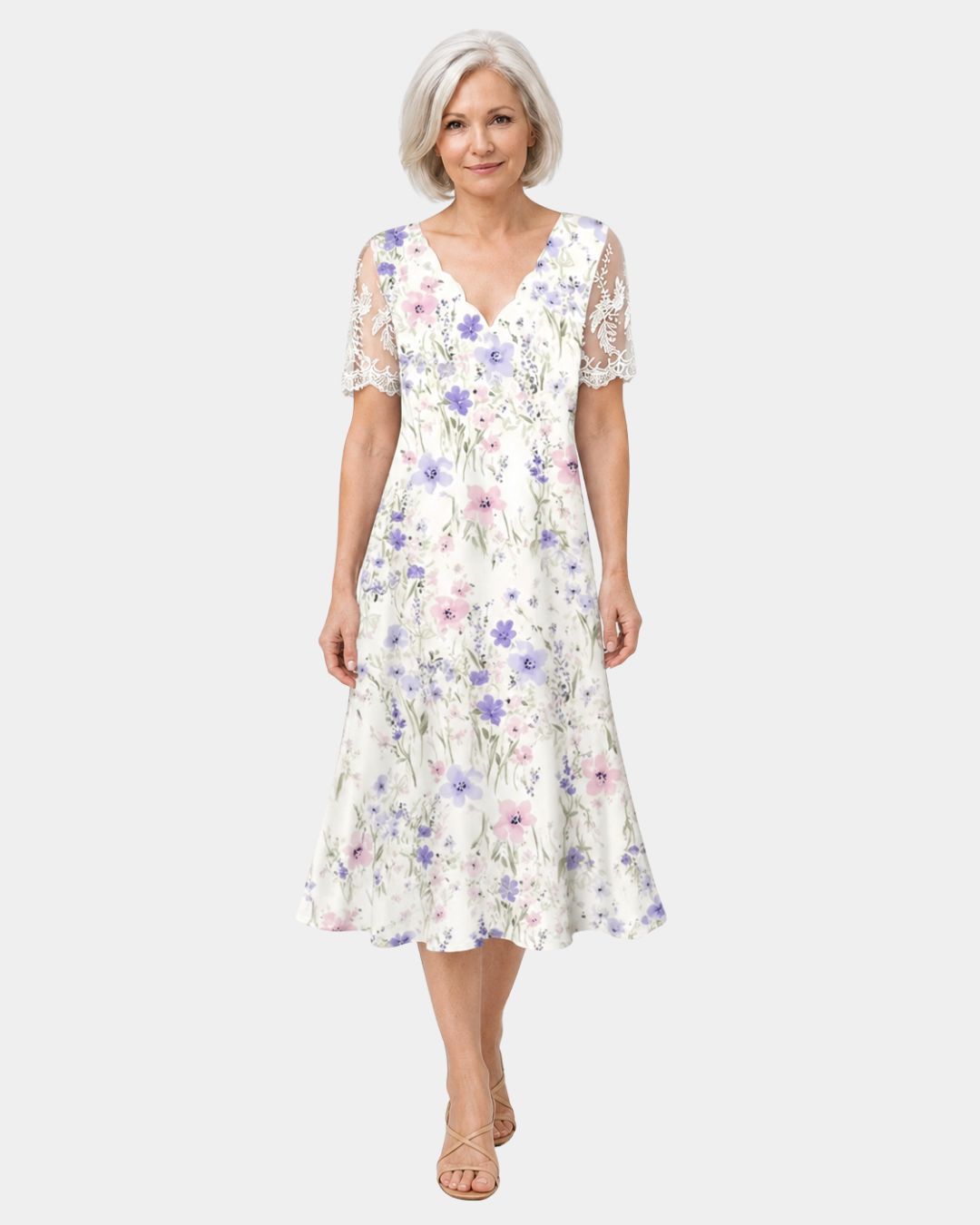 Katell | Dress with lace sleeves and floral print