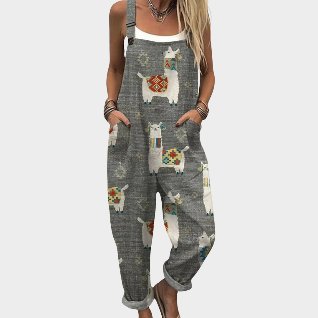 Amélie | Bright Grey Bohemian Llama-Print Jumpsuit