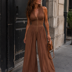 Héluise | Brown chiffon pleated jumpsuit