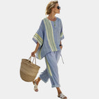 Tess | Elegant Lavender Top and Mustard Striped Trousers