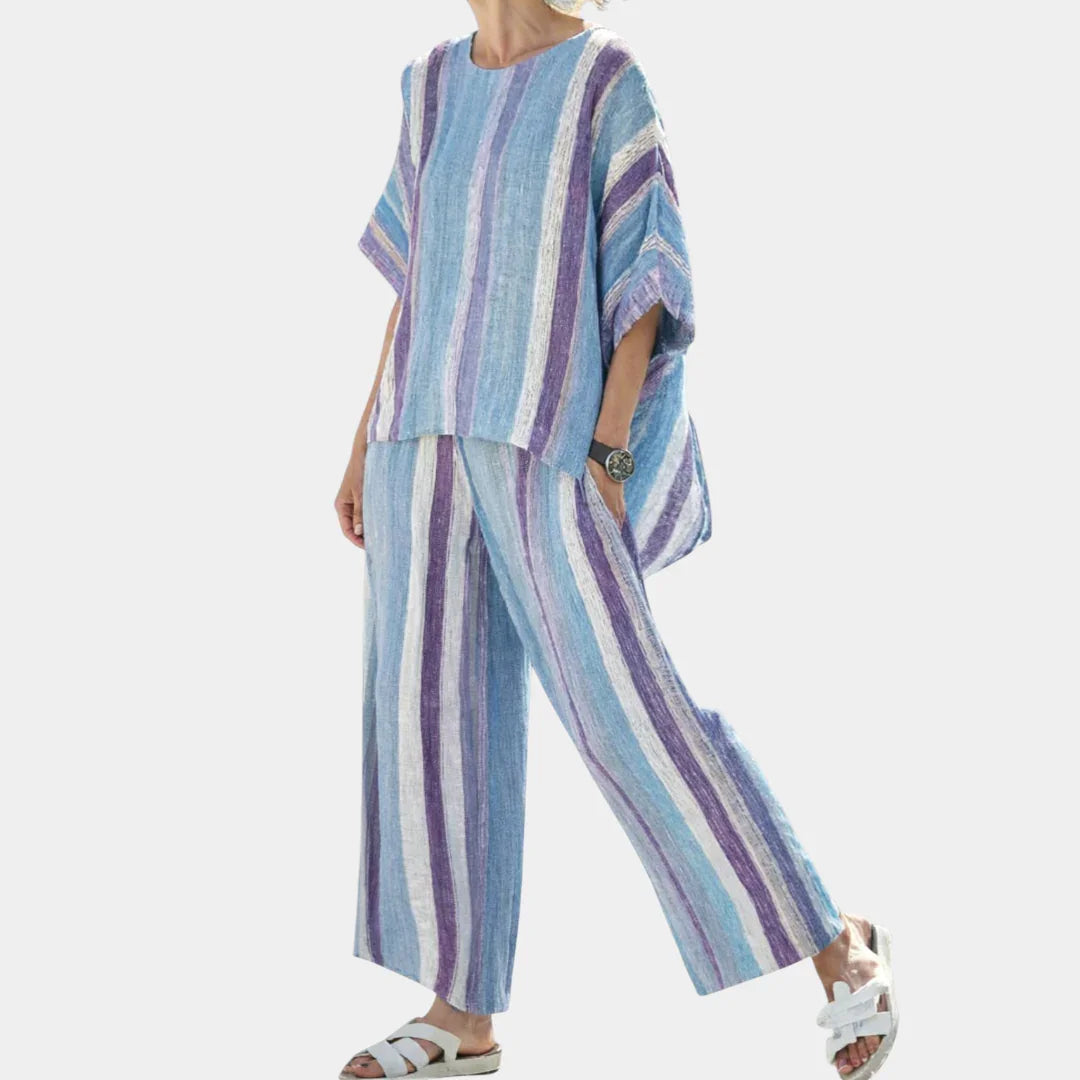 Yasmine | Elegant pastel mauve top and striped trousers