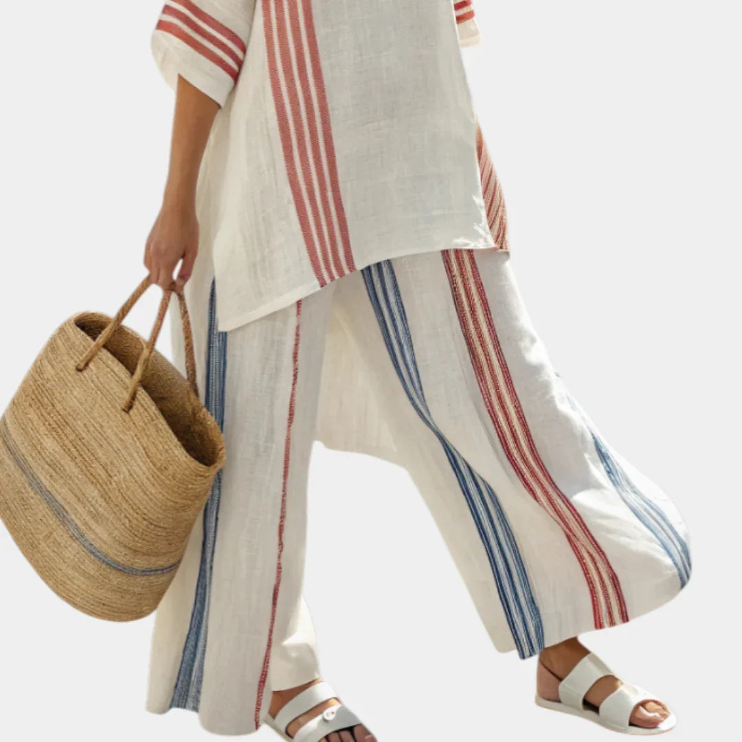 Beatrice | Sophisticated multicolored striped top and Mediterranean trousers.