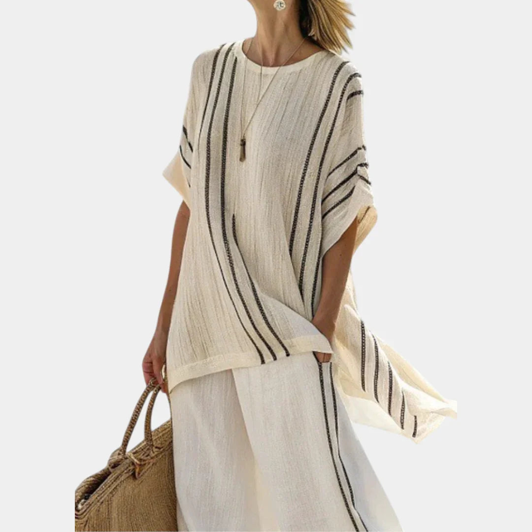 Raffaella | Elegant Ivory Linen Blouse and Black Striped Trousers