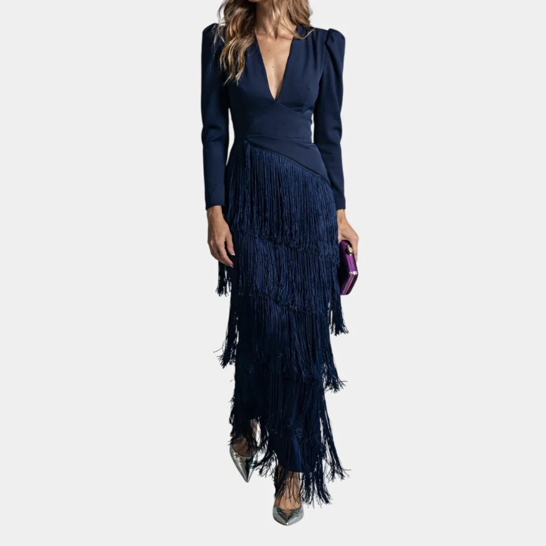 Eulalie | Elegant midi dress with fringed sleeves
