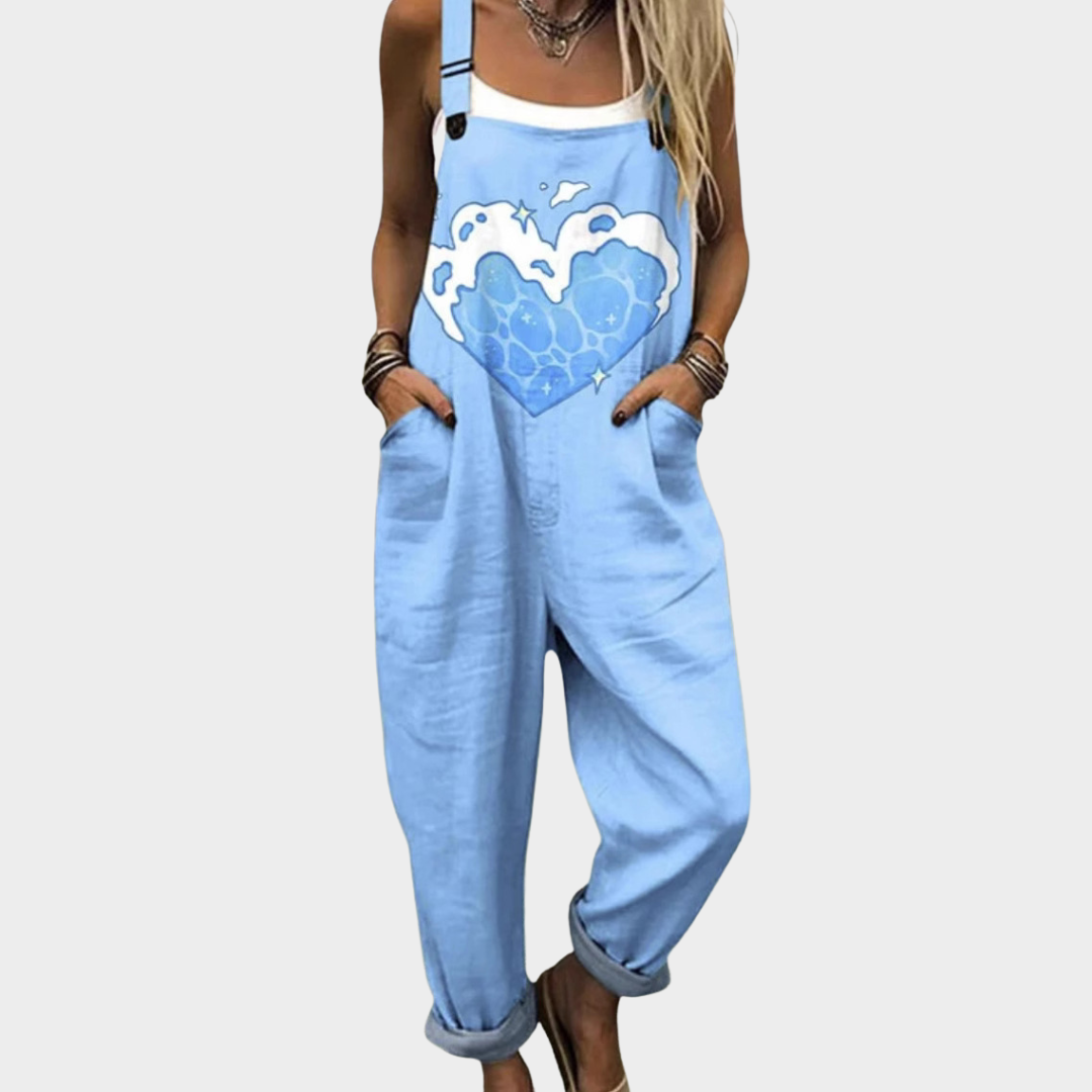 Léonie | Bright Azure Heart-Print Jumpsuit