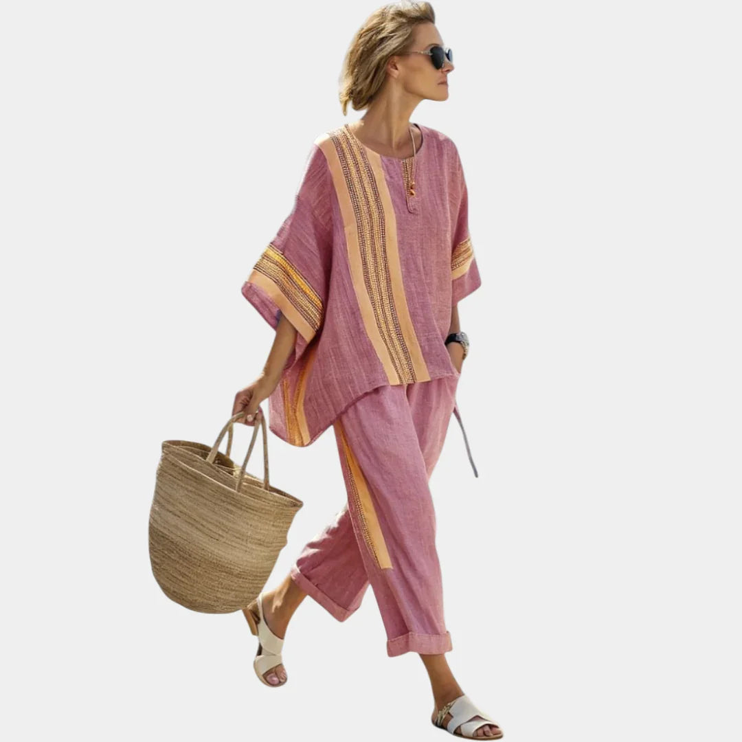 Tess | Elegant Lavender Top and Mustard Striped Trousers
