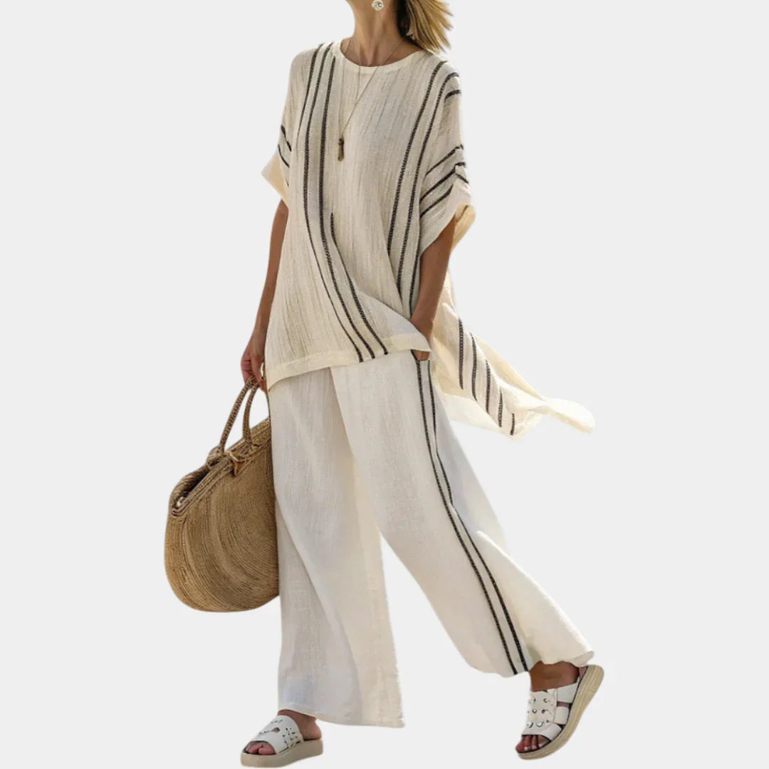 Raffaella | Elegant Ivory Linen Blouse and Black Striped Trousers