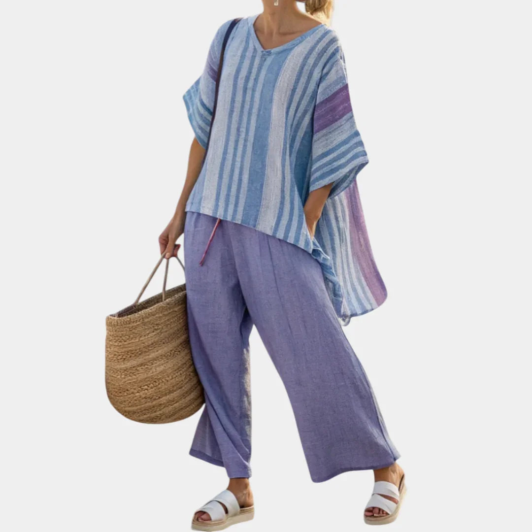 Carlotta | Elegant lavender and sky blue top with trousers