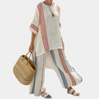 Beatrice | Sophisticated multicolored striped top and Mediterranean trousers.