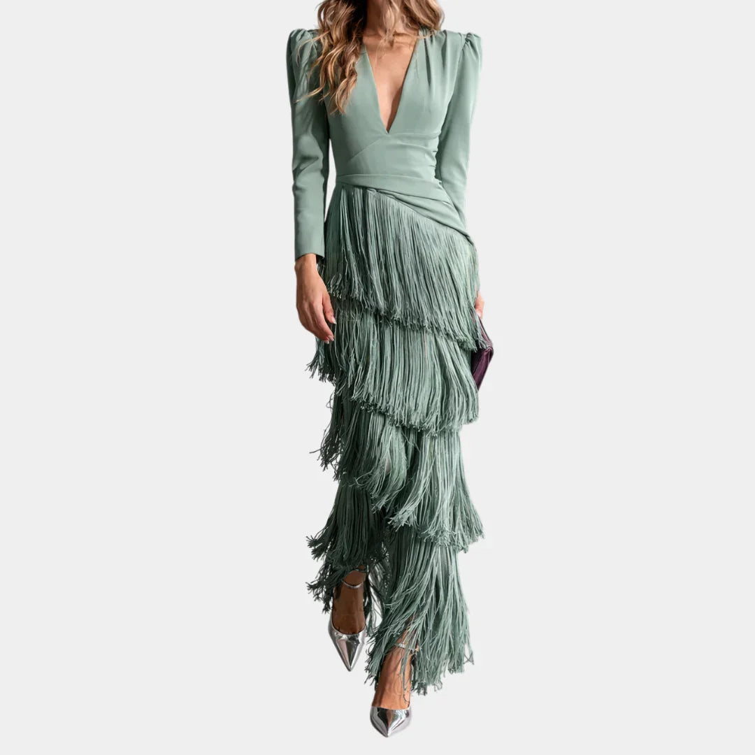 Eulalie | Elegant midi dress with fringed sleeves