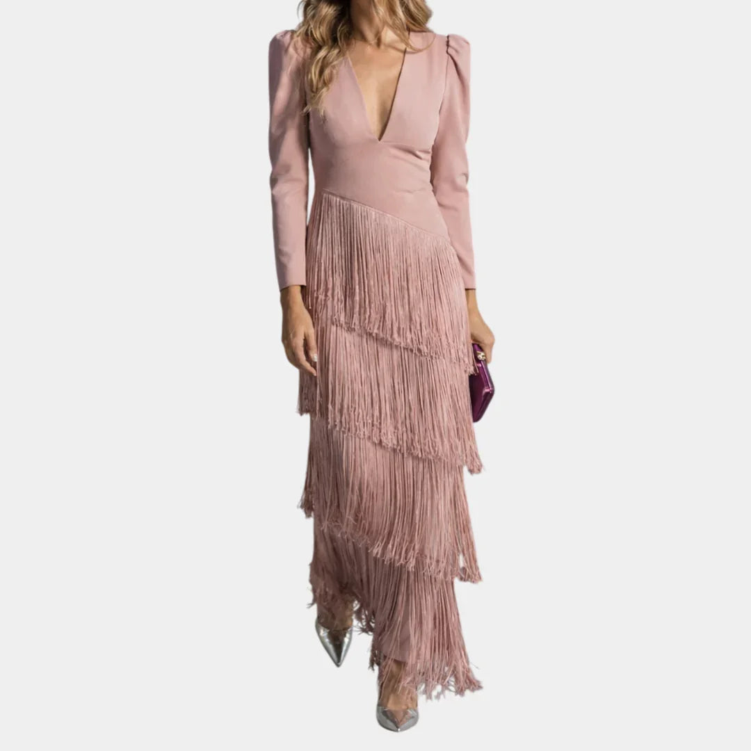 Eulalie | Elegant midi dress with fringed sleeves
