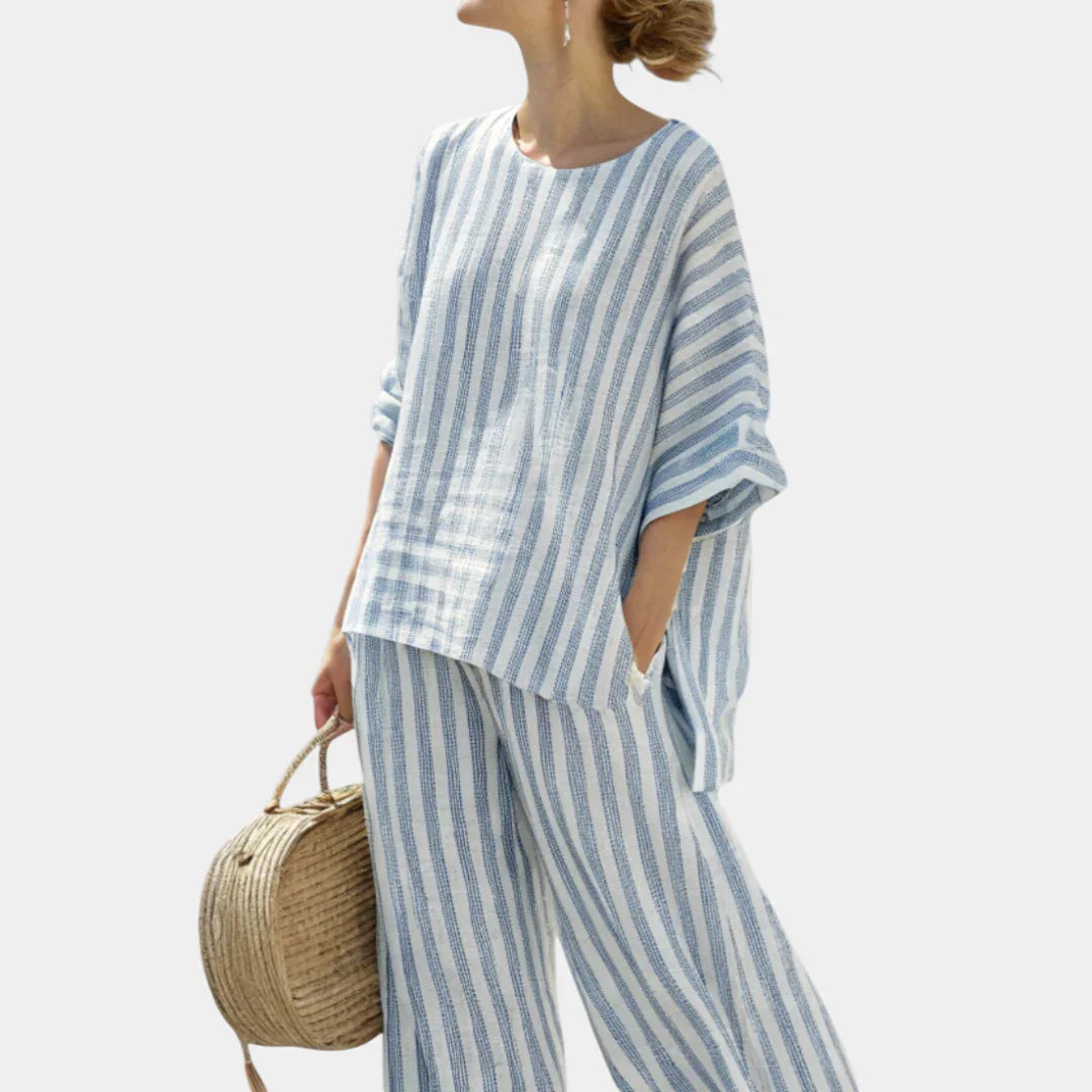 Federica | Sophisticated blue striped top and casual trousers