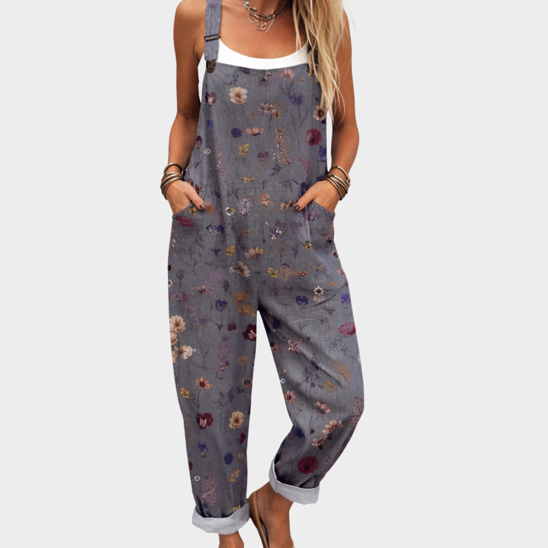 Élodie | Bright Grey Bohemian Floral Jumpsuit