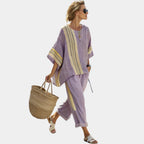 Tess | Elegant Lavender Top and Mustard Striped Trousers