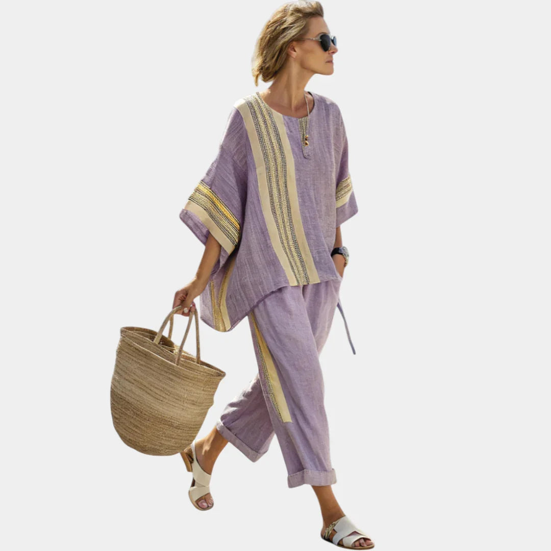 Tess | Elegant Lavender Top and Mustard Striped Trousers