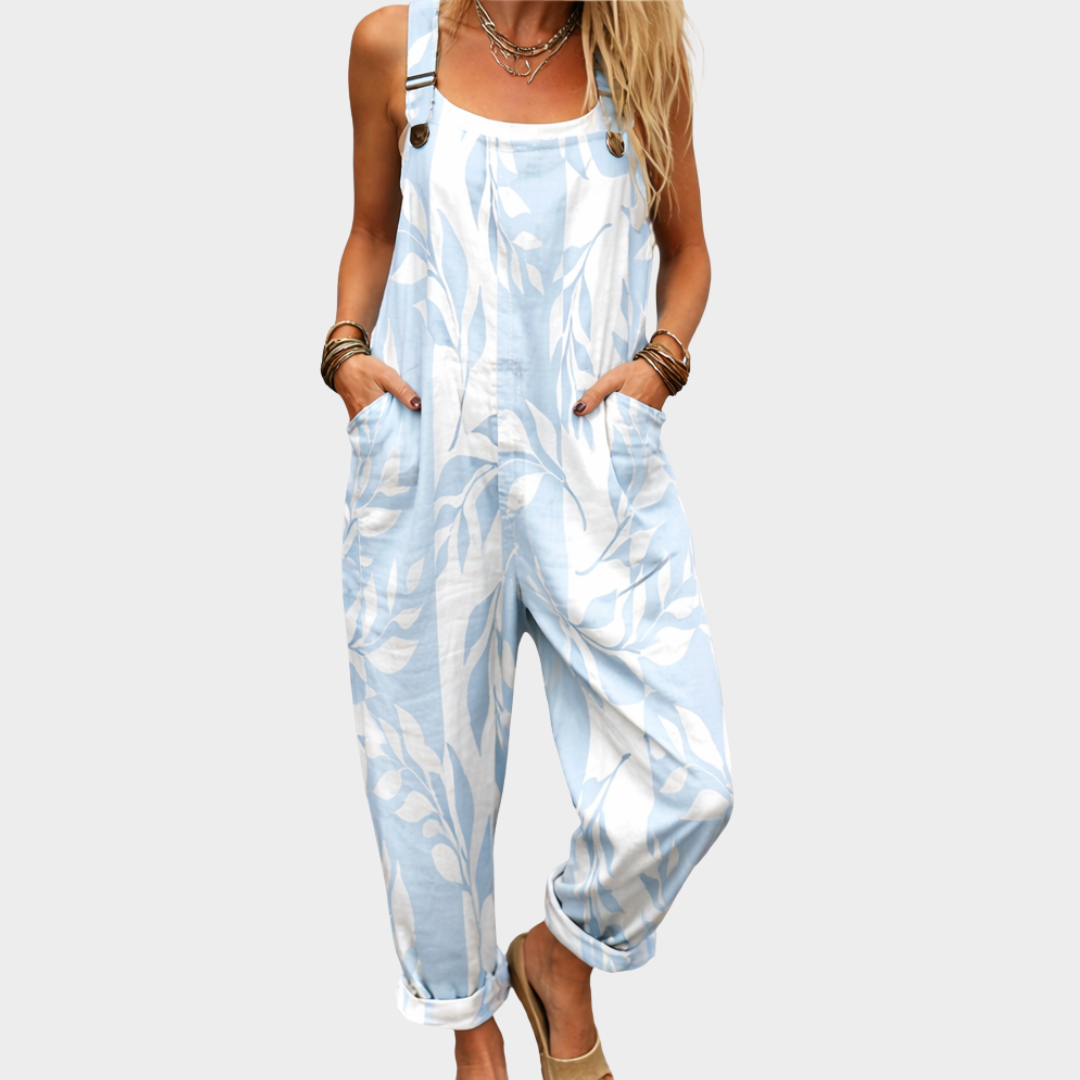 Anaïs | Bright Minimal Azure Leaf-Print Jumpsuit