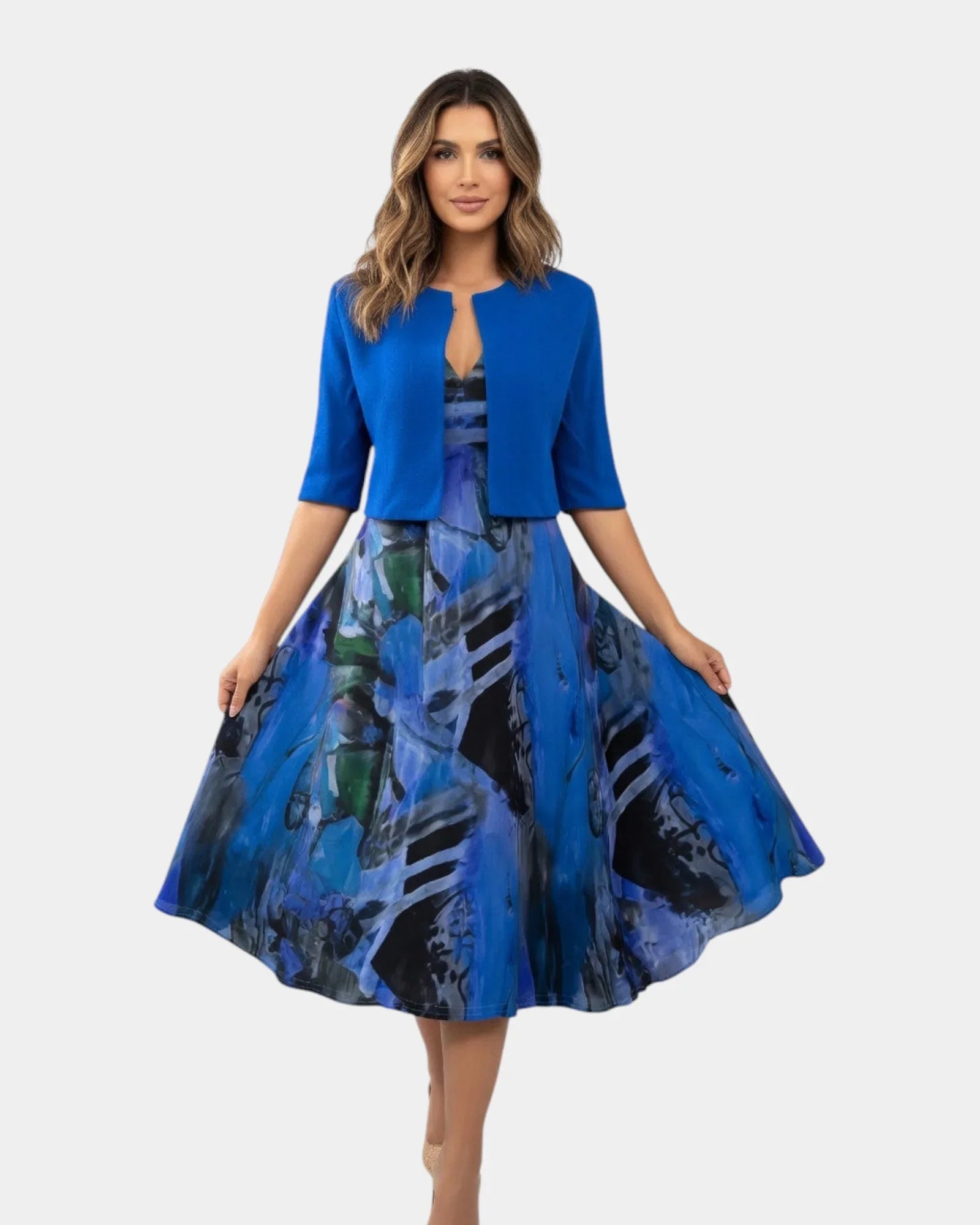 Stacy | Printed Flowy Midi Dress with Matching Jacket