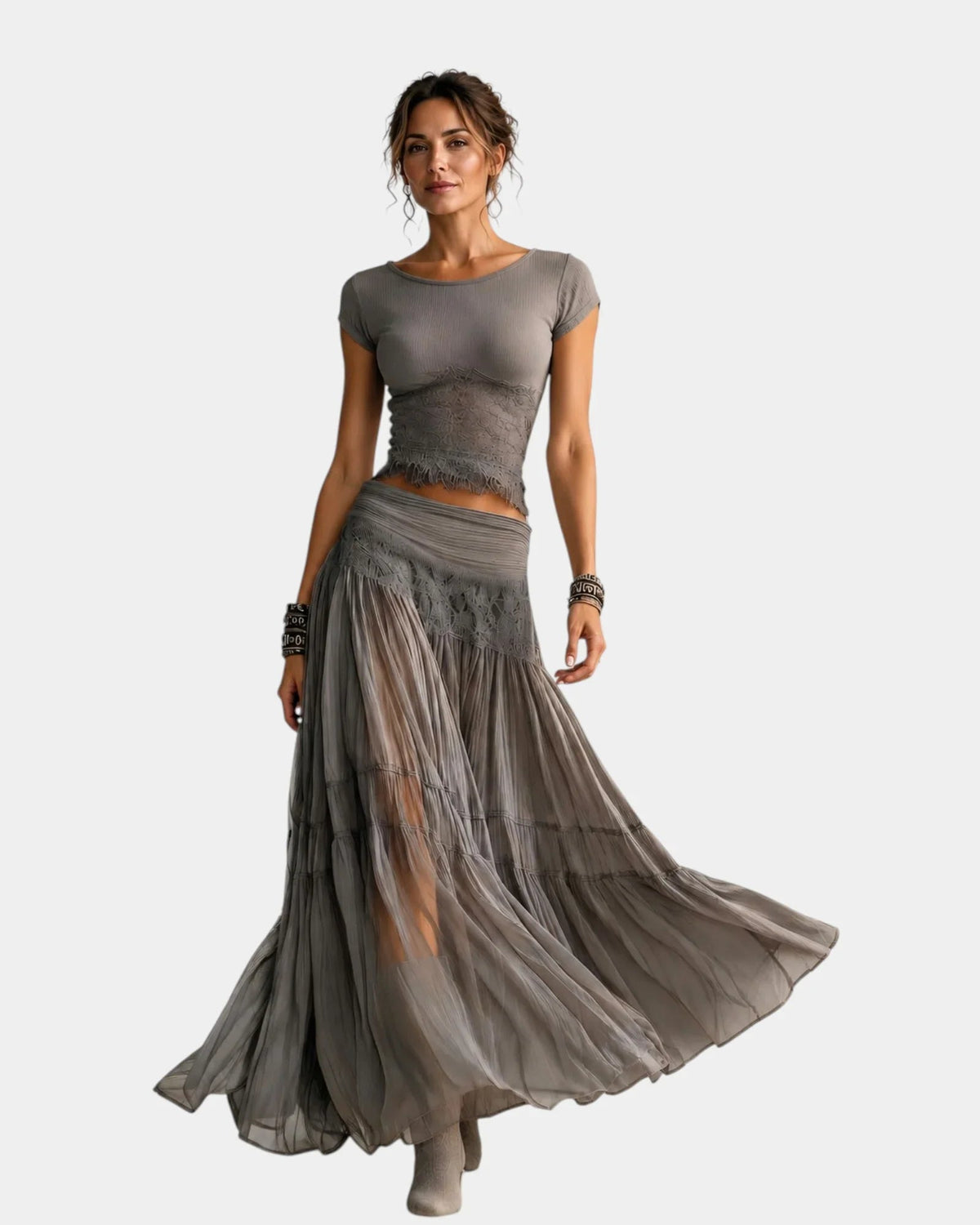 Emeline | Lace Top and Pleated Maxi Skirt Set