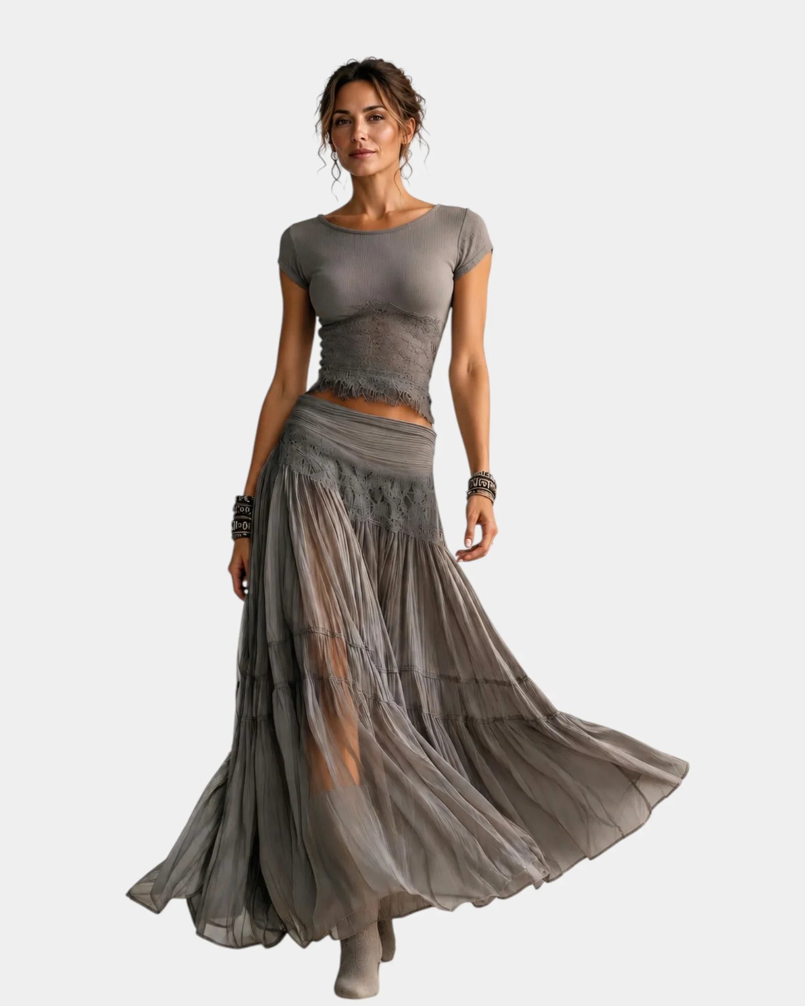Emeline | Lace Top and Pleated Maxi Skirt Set
