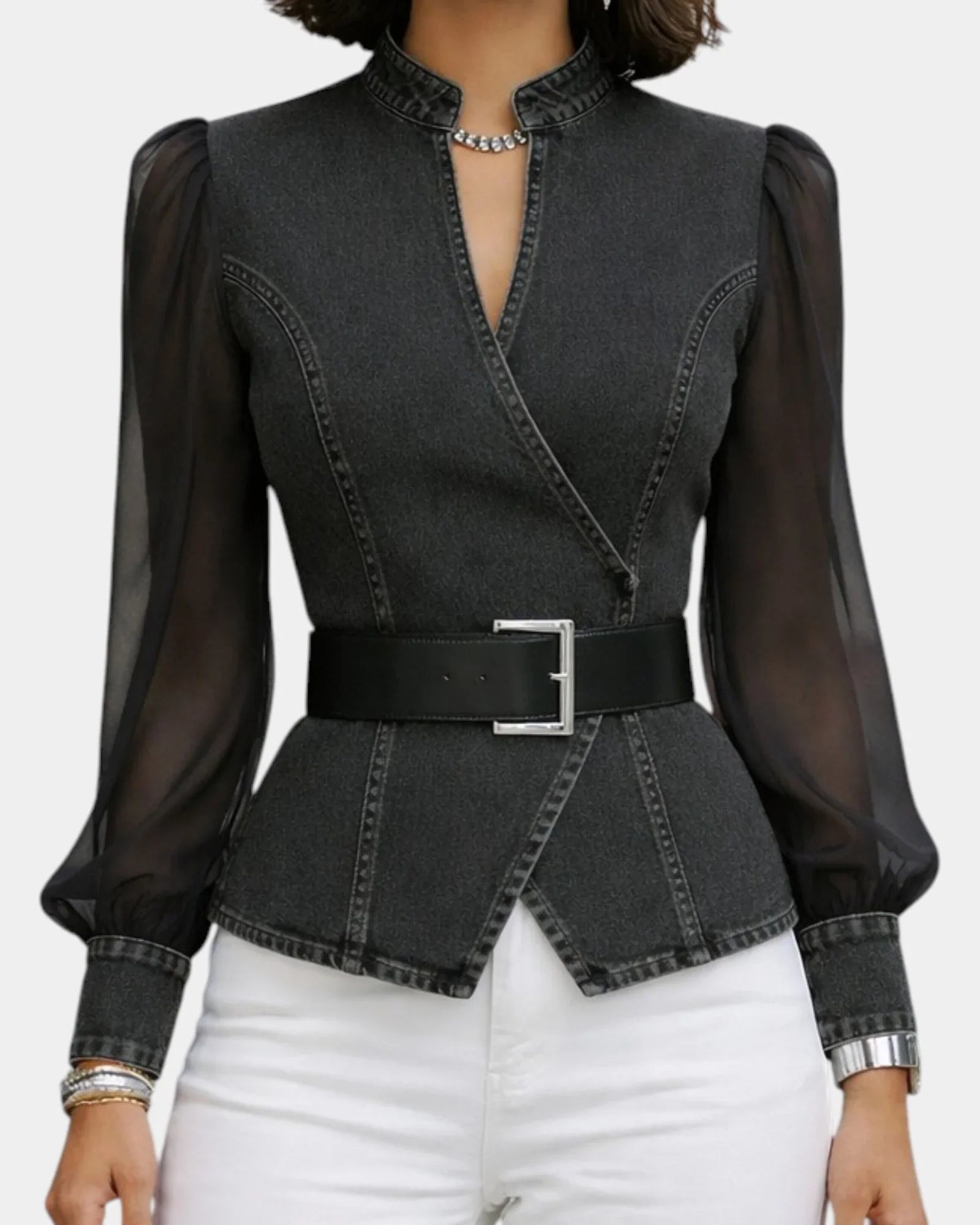 Alizée | Denim top with lightweight chiffon sleeves