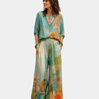 Célidora | Elegant Floral Print Wide-Leg Trousers Set