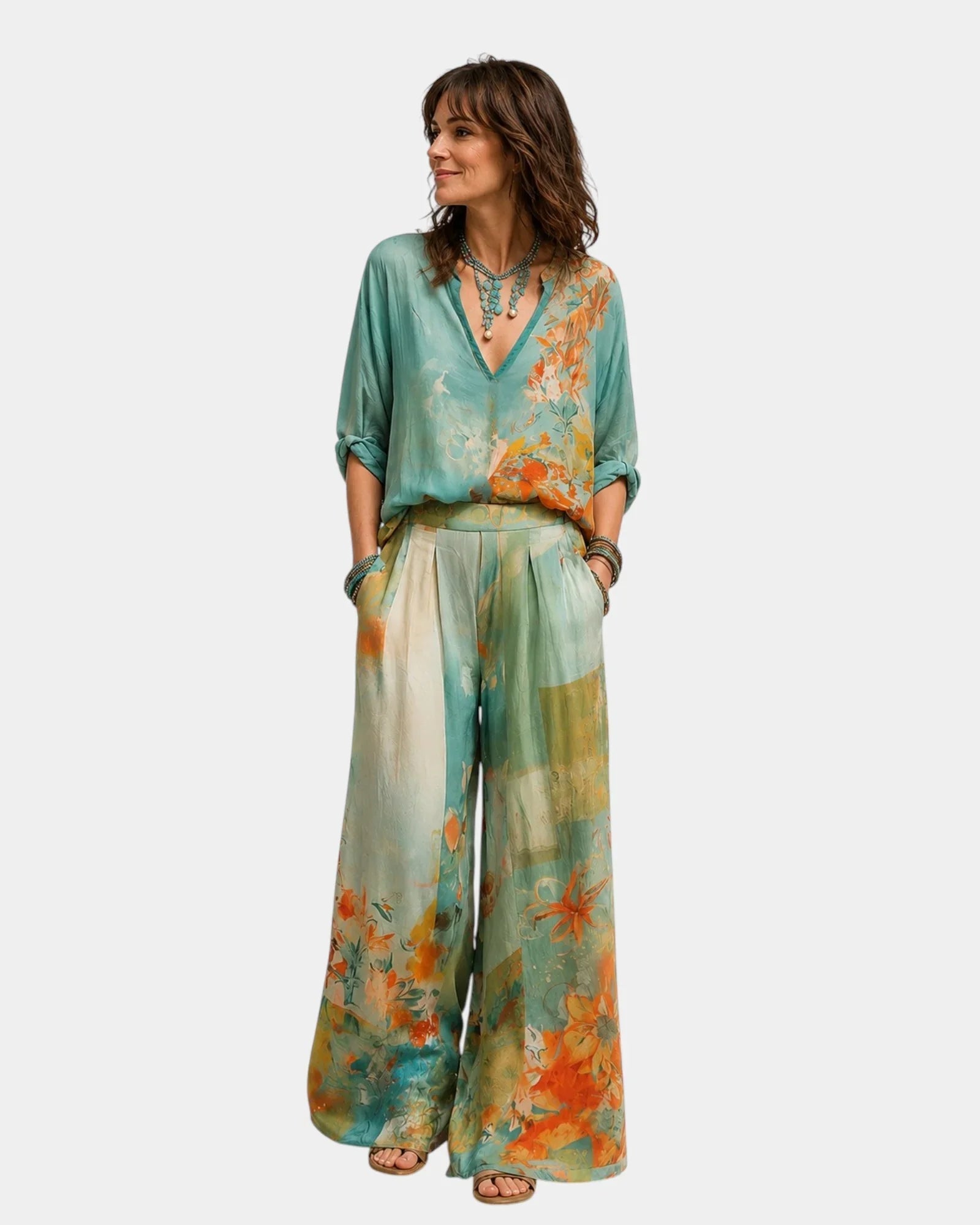 Célidora | Elegant Floral Print Wide-Leg Trousers Set
