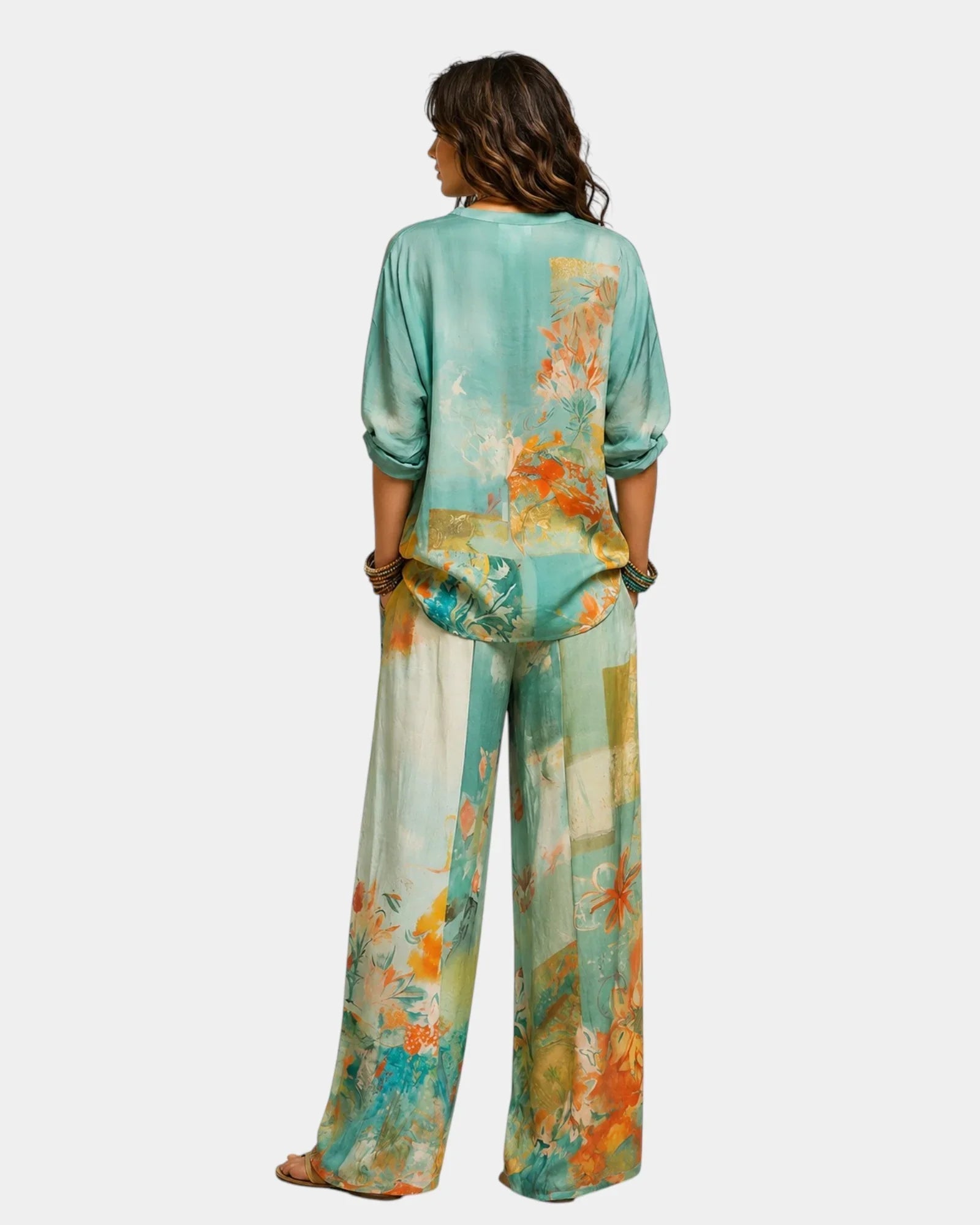 Célidora | Elegant Floral Print Wide-Leg Trousers Set