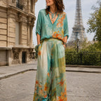 Célidora | Elegant Floral Print Wide-Leg Trousers Set