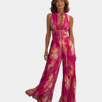 Shana | Fuchsia floral chiffon pleated jumpsuit