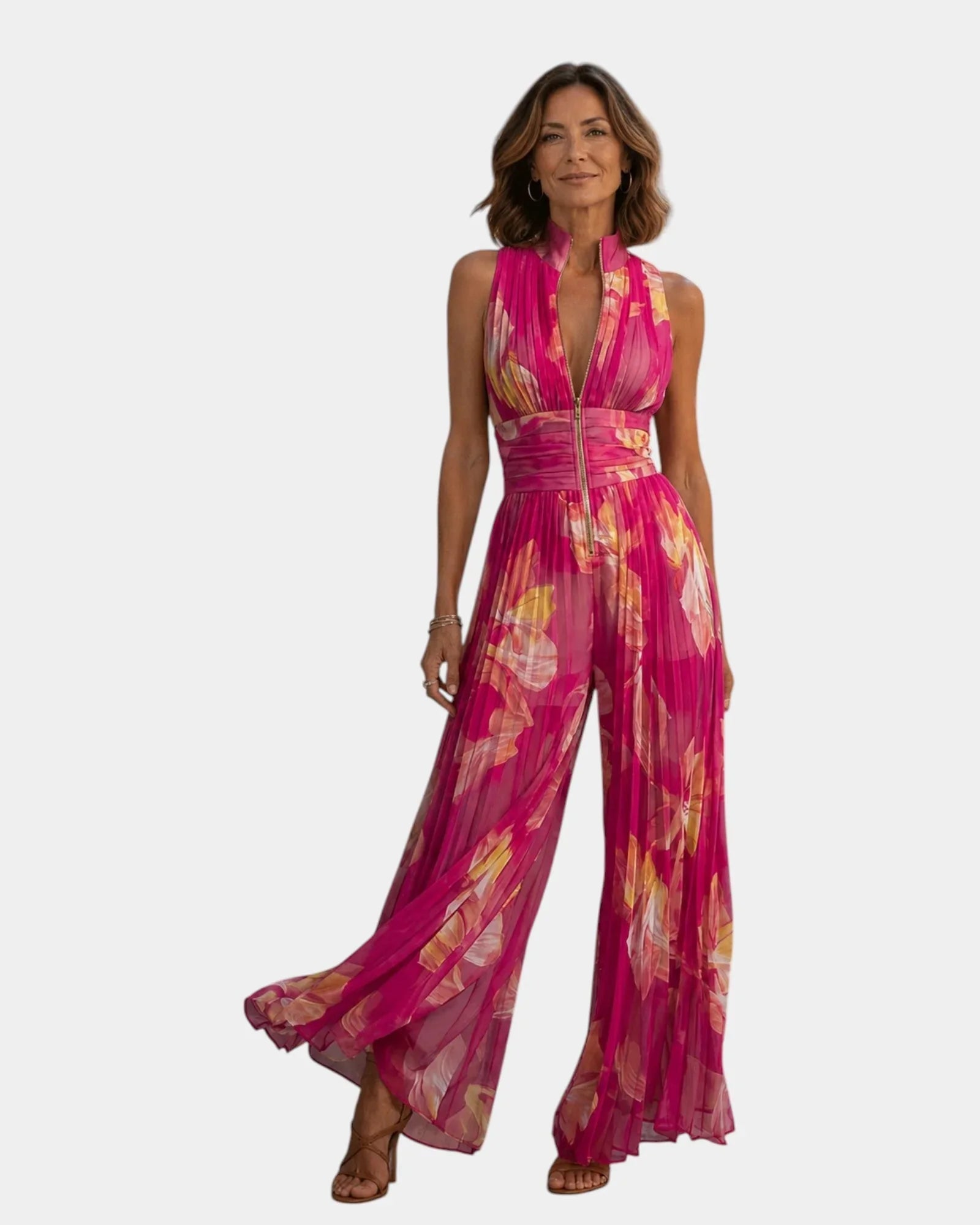 Shana | Fuchsia floral chiffon pleated jumpsuit