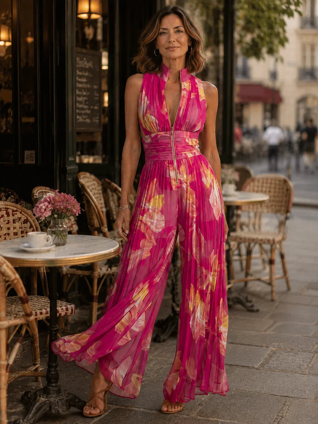 Shana | Fuchsia floral chiffon pleated jumpsuit