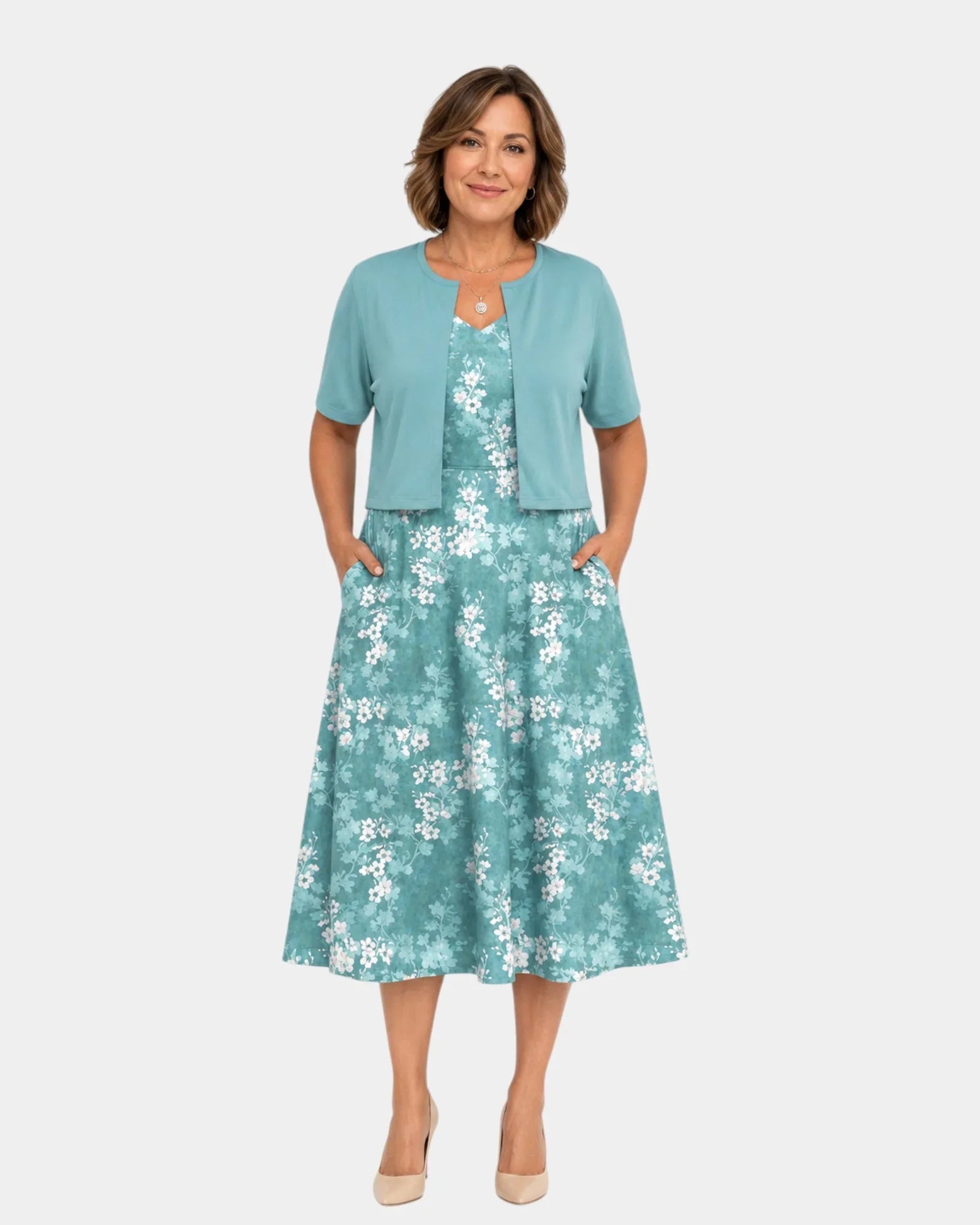 Guilaine | Floral dress and lightweight cardigan set