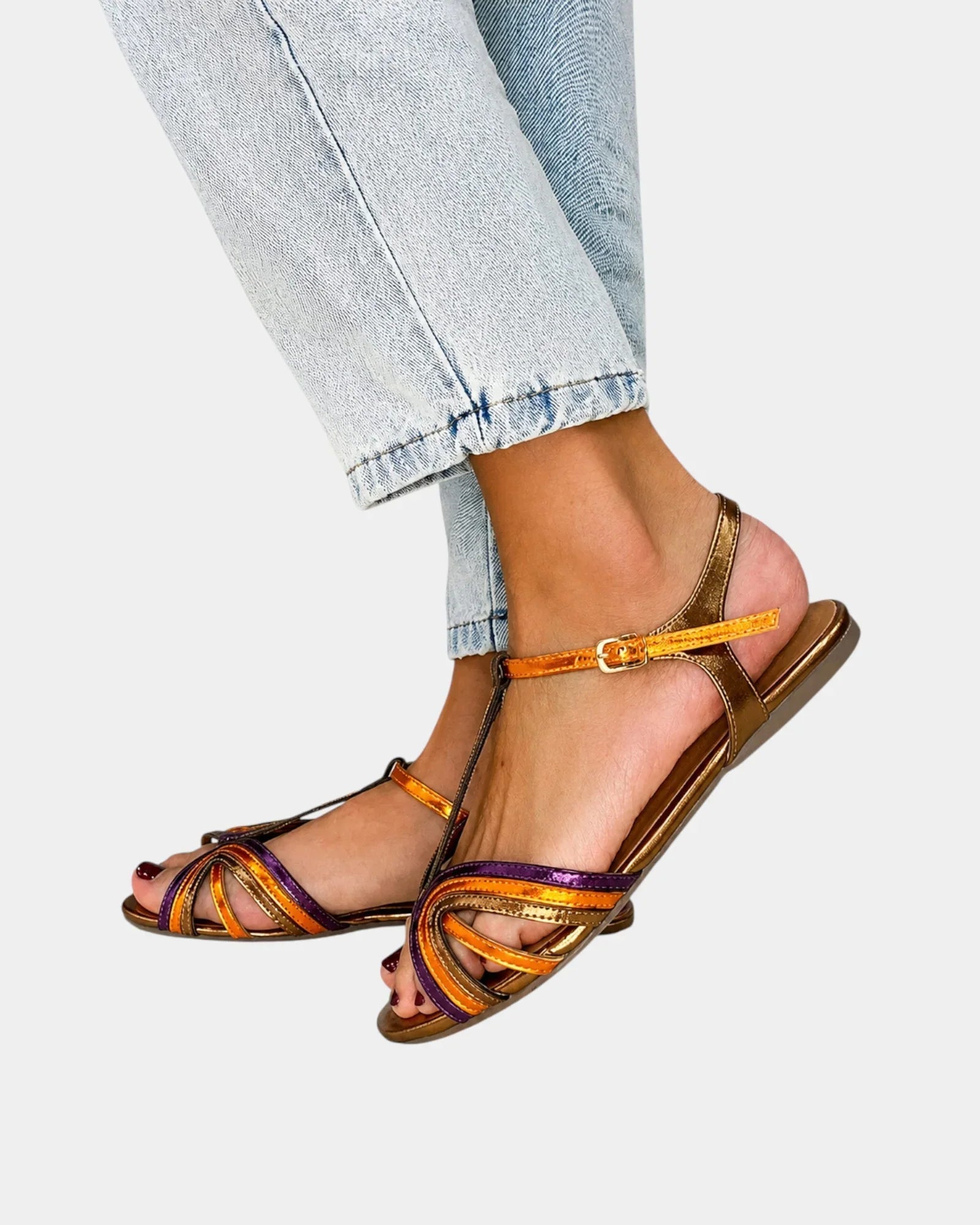 Haby | Gold Sandals with Buckle and Multicolored Strap