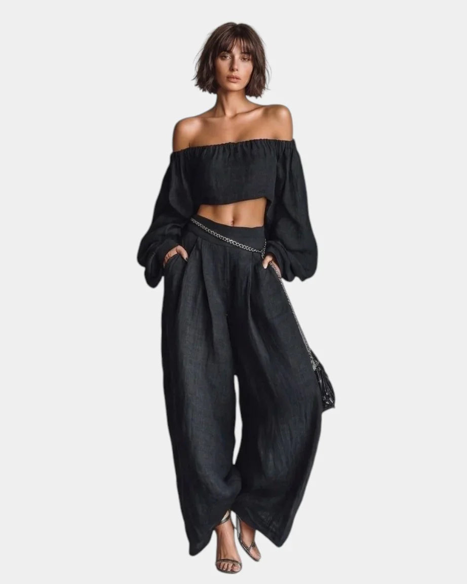 Cíntia | Off-the-shoulder set with wide-leg trousers