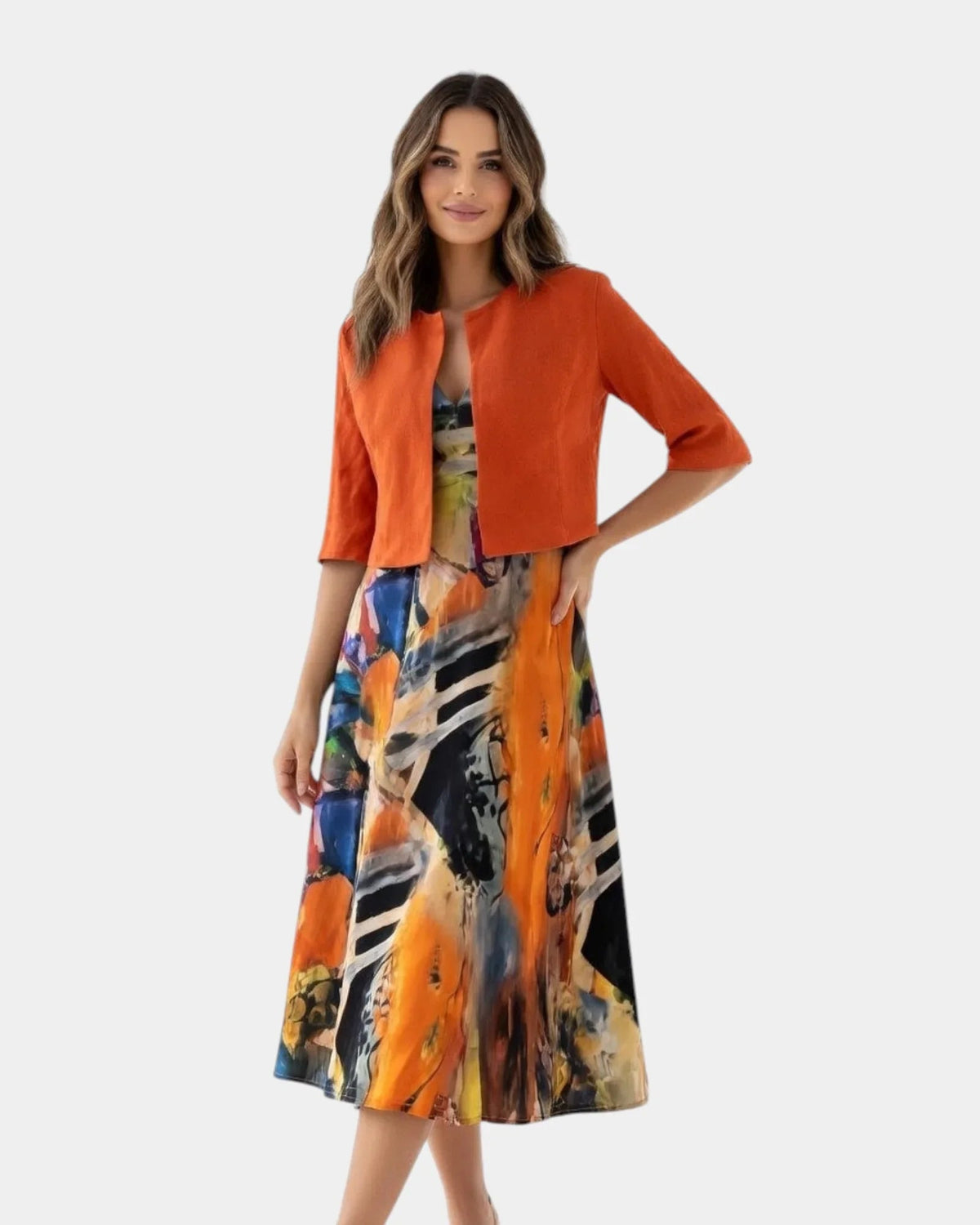 Stacy | Printed Flowy Midi Dress with Matching Jacket
