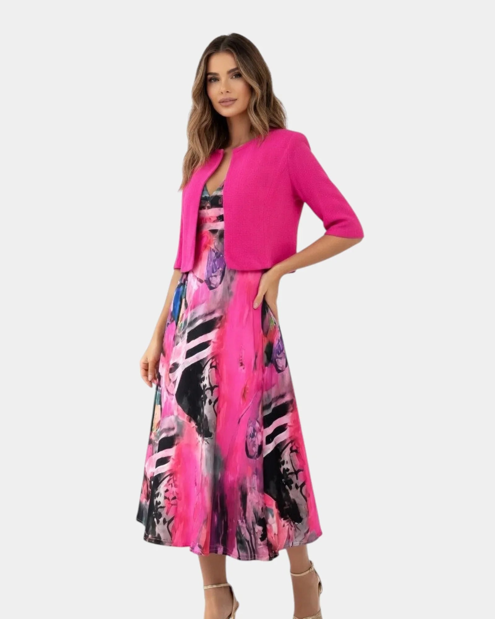 Stacy | Printed Flowy Midi Dress with Matching Jacket