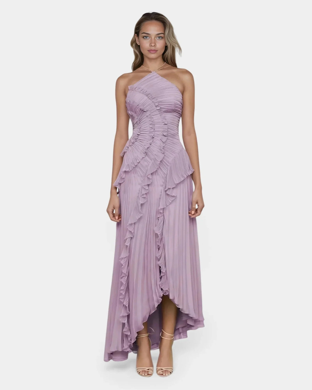 Feodora I Lavender Asymmetrical Maxi Dress with Ruffles