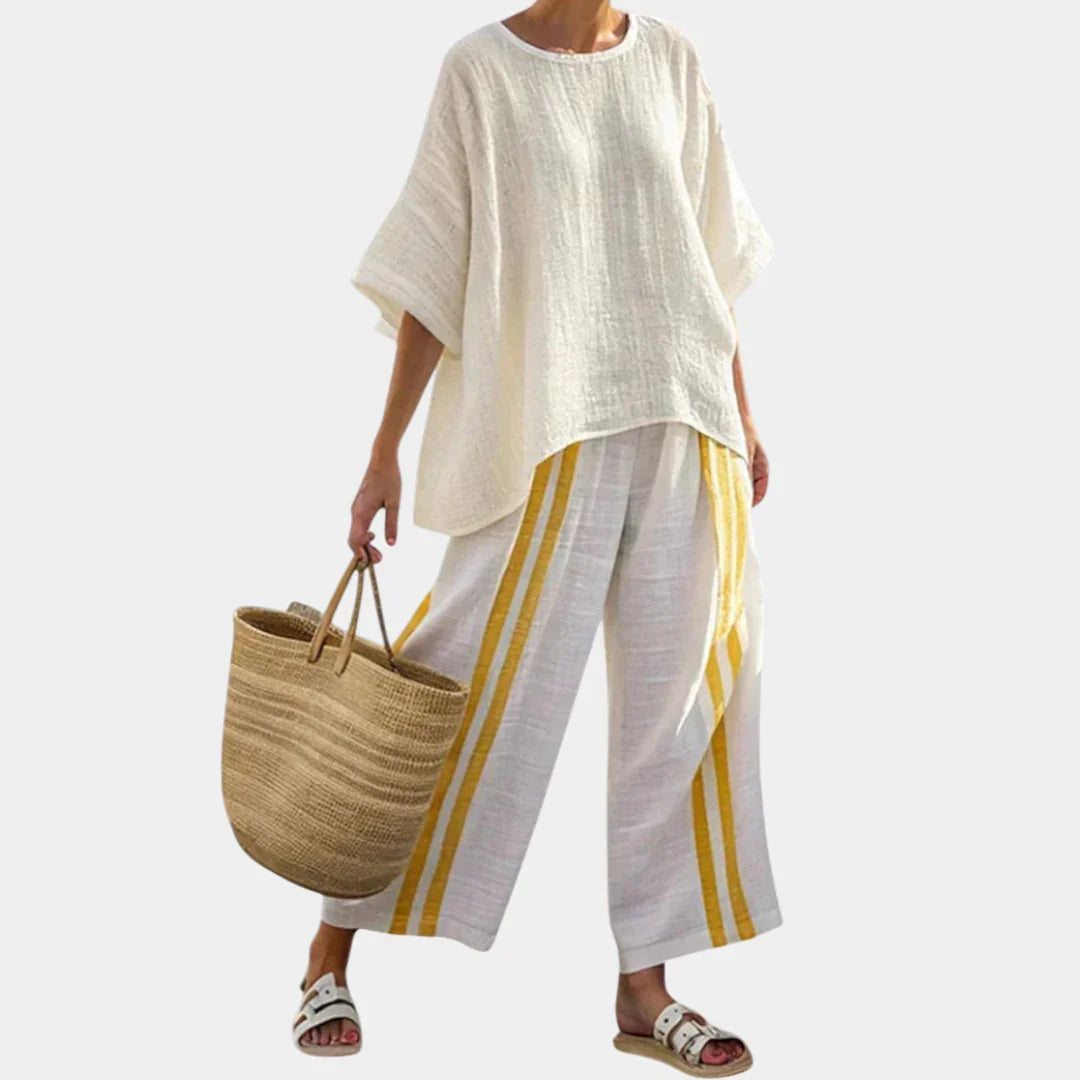 Arianna | Elegant top with yellow stripes and wide-leg socks