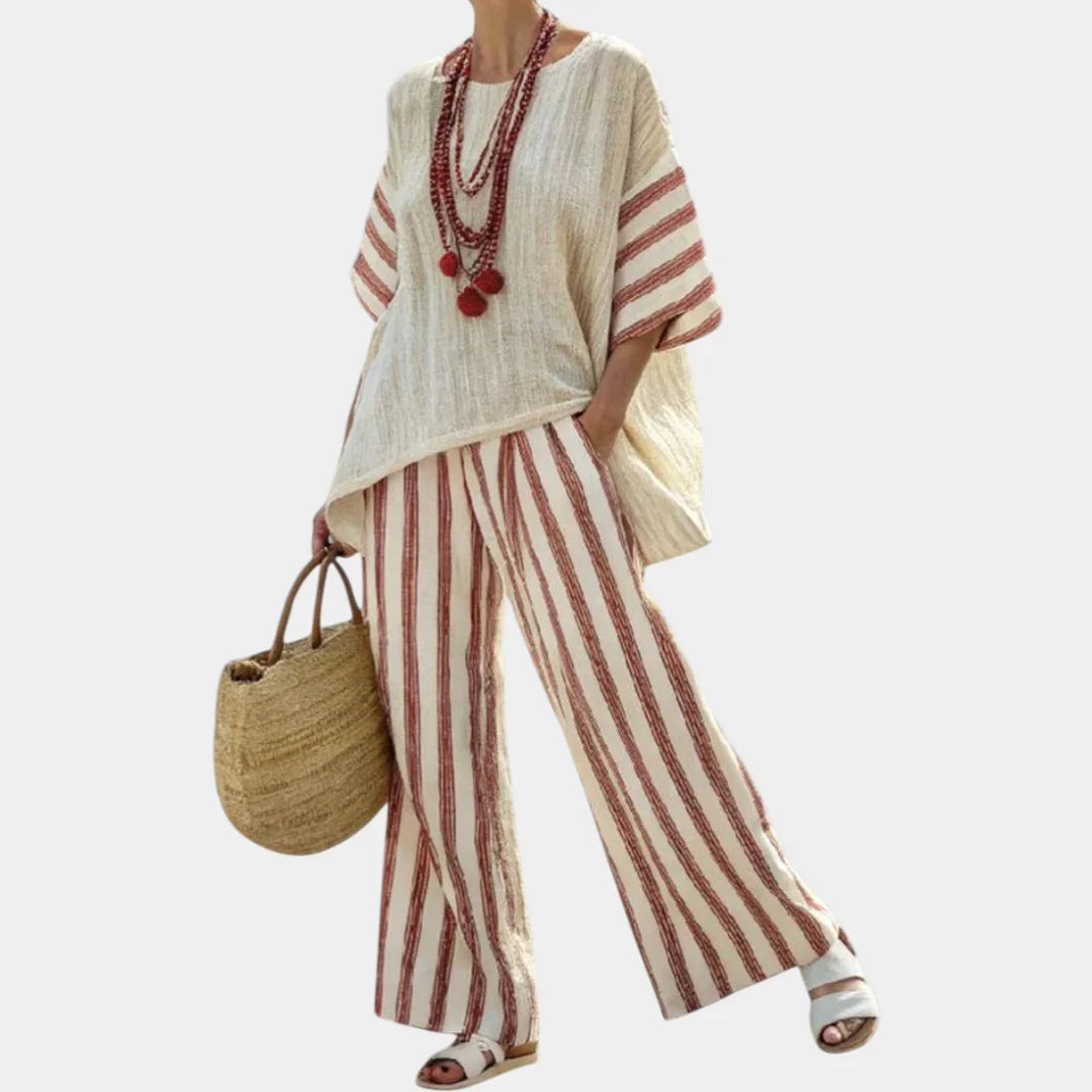 Rosalinda | Elegant rustic striped top and cream trousers