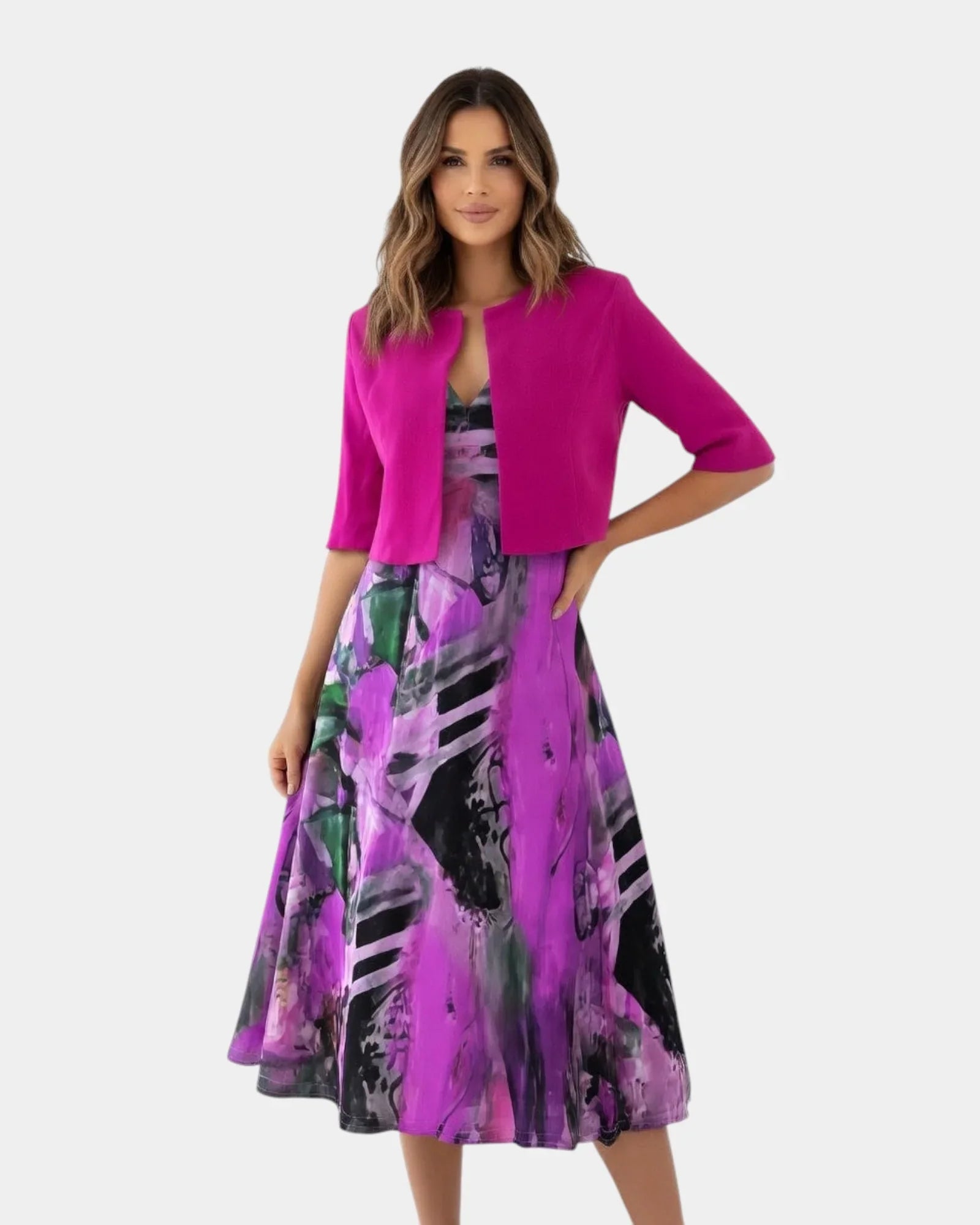 Stacy | Printed Flowy Midi Dress with Matching Jacket