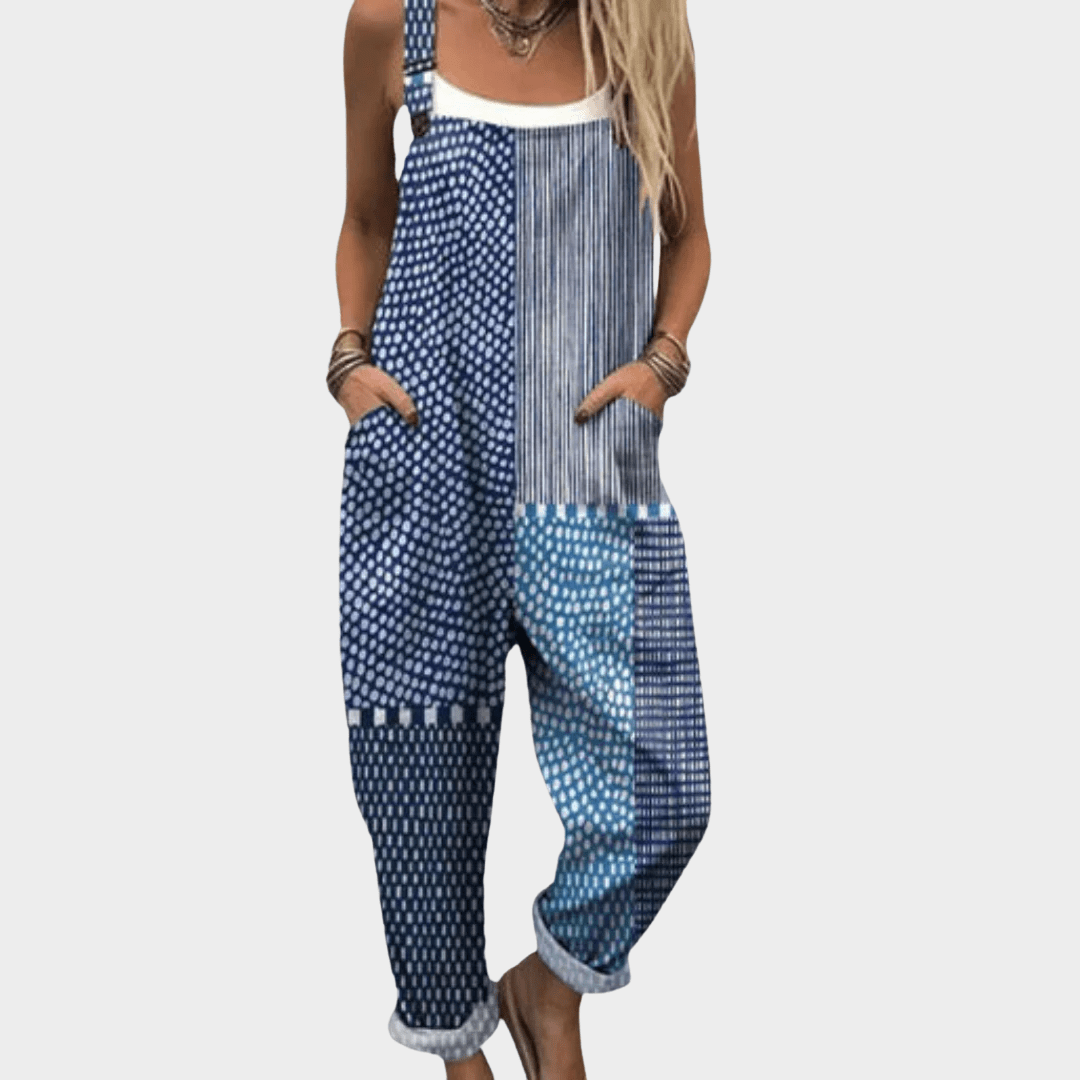Isaline | Elegant Graphic Blue Patchwork Jumpsuit - Eleanor York