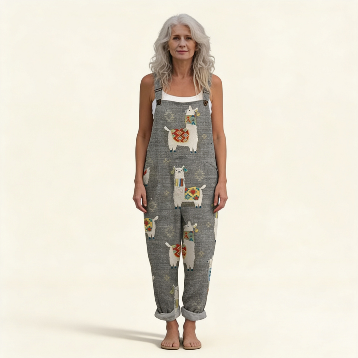 Amélie | Bright Grey Bohemian Llama-Print Jumpsuit