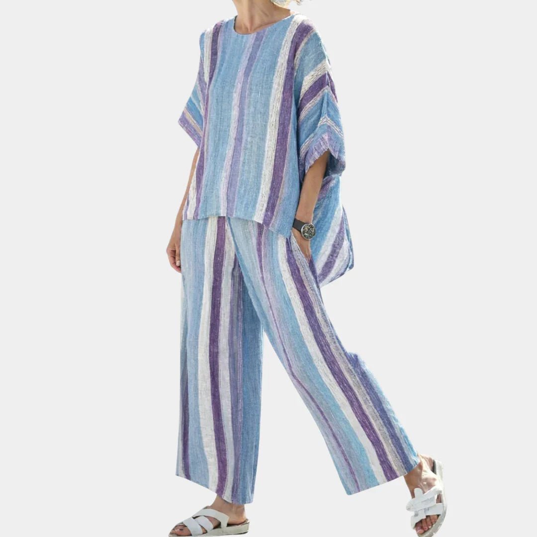 Yasmine | Elegant pastel mauve top and striped trousers